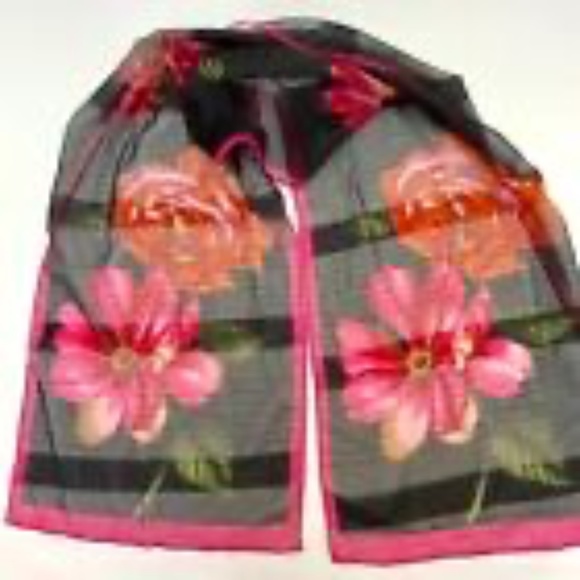 Rectangle‎ Scarf Floral Sheer with Rolled Edges Striped Large Flowers 57" x 13" - Picture 1 of 6